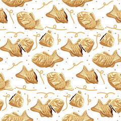 Background of Korean cuisine called Bungeoppang. Street Korean food in the form of fish on a white background. Pies with stuffing and doodles. Suitable for printing on textiles and paper.