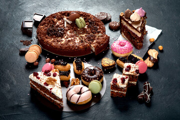 Assortment of confectionery, different types desserts