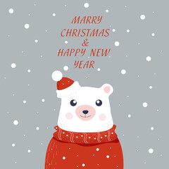 Polar bear in a New Year's red hat and a red sweater on a gray background with snow and congratulations for the New Year and Merry Christmas in a flat style