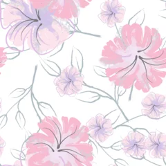 Meubelstickers Pink Flowers Blooming Pattern. Pastel Watercolor. © Сашка Шаргаева