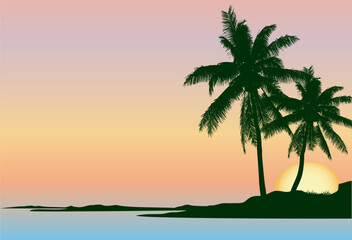 Fototapeta premium view of sunset over tropical island with two coconut trees