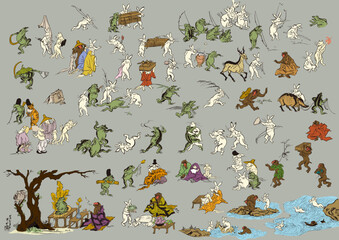 鳥獣戯画　鳥獣人物戯画　兎　蛙　鹿　猪　猿　狐　鳥　猫　相撲　祭司　弓　ゆるかわな昔のイラスト