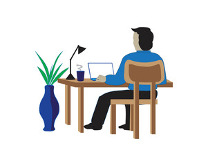 vector design of a man in a blue shirt and black pants sitting in a chair doing office work with a laptop on a desk and beside him a coffee cup and a table lamp and a vase of flowers beside him