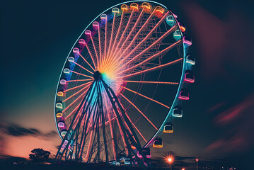 Neon-lit Ferris wheel Generative AI - obrazy, fototapety, plakaty
