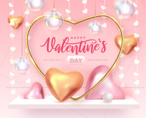 Happy Valentines Day poster with 3D pink and gold love hearts. Valentine interior design. Vector illustration