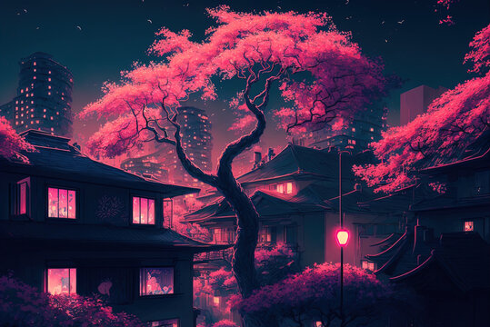Japanese nightscape fantasy Massive sakura trees in the cityscape, illuminated by neon pink lights, and surrounded by residential high-rises Generative AI
