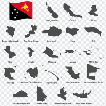 Twenty two Maps  of Papua New Guinea - alphabetical order with name. Every single map of Provinces are listed and isolated with wordings and titles.  Papua New Guinea. EPS 10.