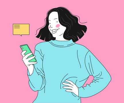 Smiling girl sends messages via smartphone. Young happy woman uses a mobile phone for texting. Mobile internet communication, social media chatting, vector illustration.