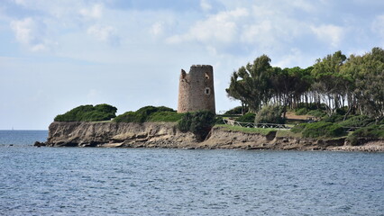 Fototapeta na wymiar watch tower Capo di Ostia near town Pula on island Sardinia