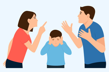 .Family conflict concept.  Unhappy boy covering ears with hands, terrified and displeased from loud,ignoring relationship problem and anger of parents. Vector illustration.