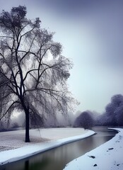 Beautiful View of Riverside in Winter with Snow Covered Trees