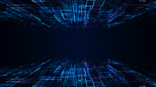 digital technology concept small particles connected to each other in a line a variety of colors on a dark background with an empty space in the middle.