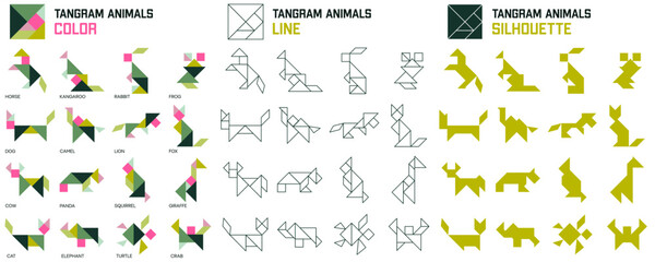 Tangram puzzle for kids. Set of tangram animals.