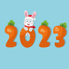 Numbers 2023 in carrot style with a gray hare in a New Year's hat and a red scarf on a blue background in a flat style