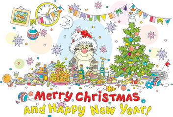 Fototapeta na wymiar Merry Christmas and happy New Year card with a funny fat cat in a Santa hat sitting at a festive table full of tasty food, sweets, drinks and gifts for long winter holidays, vector cartoon