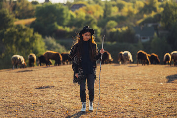 Female shepherd and flock of sheep at a lawn - 552524000