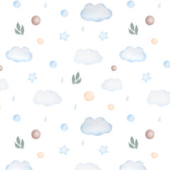 Watercolor seamless pattern with clouds, balls, leaves, drops and stars in blue colors on white background