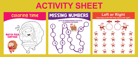 Fototapeta na wymiar 3 in 1 Activity Sheet for children. Educational printable worksheet for preschool. Coloring, missing numbers, and left or right activity. Vector illustrations.