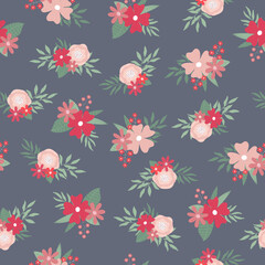 WebSeamless pattern with flowers bouquets. Endless print made of flowers and leaves in pastel colors on blue background.