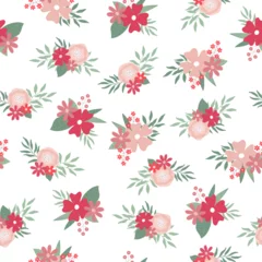  Seamless pattern with flowers bouquets. Endless print made of flowers and leaves in pastel colors on white background. © Yaryna