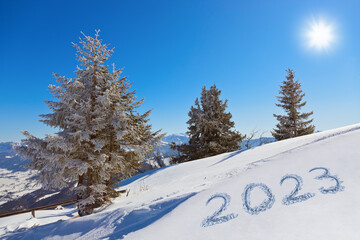 2023 on snow at mountains - St. Gilgen Austria - obrazy, fototapety, plakaty