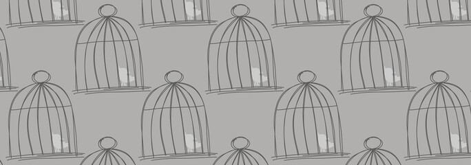 Hand-drawn illustration of a bird in a cage. A design element for packaging.