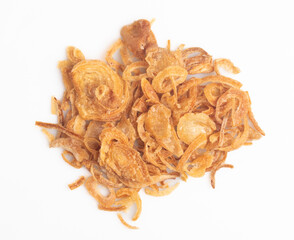 Crispy fried onion slices on a white background