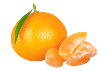 Tangerine or clementine with lobes isolated on transparent background with shadow.