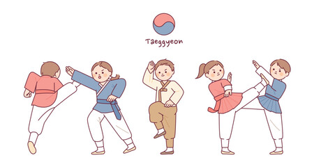 Korean traditional martial arts. Cute characters practicing Taekkyeon.