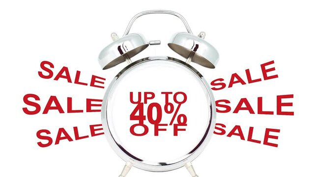 up to 40 % off sale text animation on retro alarm clock on white and green background. two versions of 40 percent discount looped zoom in and out motion graphic for banner, advertising, promo ad
