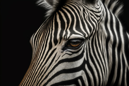 Close up on a zebra face on black