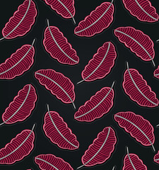 Seamless hand drawn viva magenta color leaves surface pattern and black background. minimalist design. vector illustration.  fashion, interior, wrapping, wall arts, fabric, packaging
