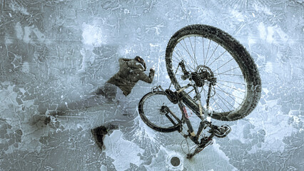 cyclist falls and drowns when ice breaks in a pond in winter - obrazy, fototapety, plakaty