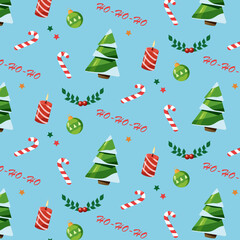 Christmas pattern with Christmas tree, Christmas toy, lollipop, candle on a blue background in a flat style
