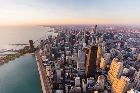 Sunrise Aerial of Downtown Chicago Skyline