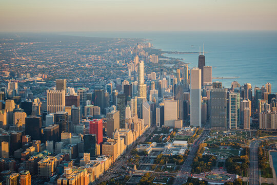 Chicago, Illinois - Cityscape at Sunrise Aerial