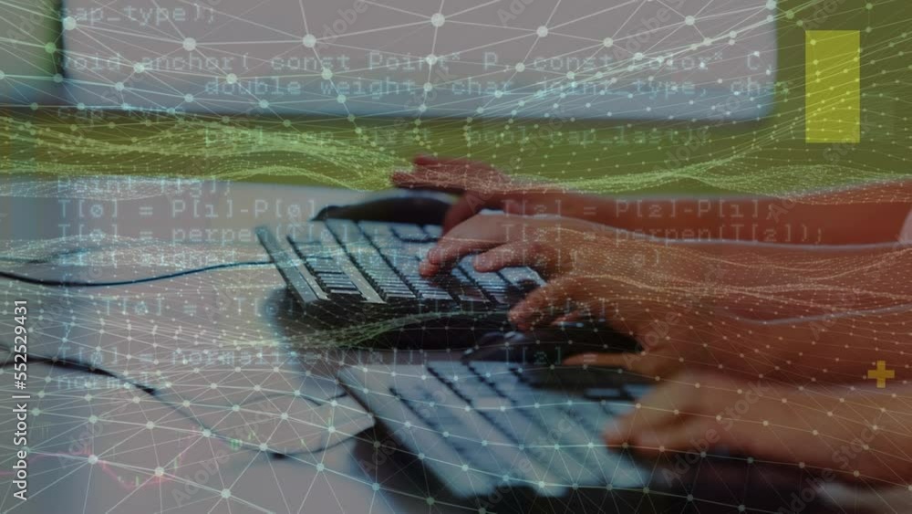 Poster animation of data processing over hands of caucasian children typing on keyboards