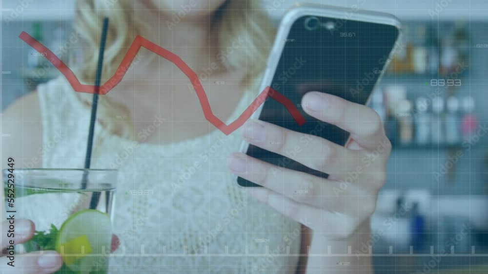 Poster animation of financial graphs and data over hands of caucasian woman using smartphone