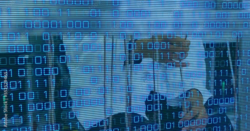 Poster animation of binary code over hands of lab workers