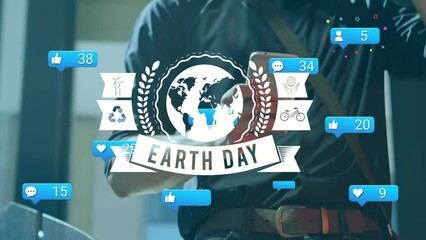 Animation of earth day and social media reactions over caucasian businessman using smartphone - Powered by Adobe