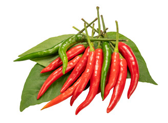 Red and green Pepper with leaf, Hot Red and Green chiiiies Isolate on white background PNG File.