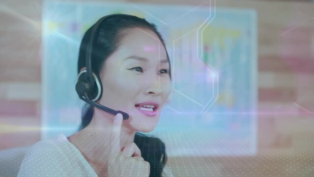 Animation of digital space and lights over happy asian female call center worker