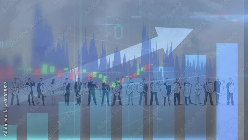 Poster animation of arrow and graphs over people with shields