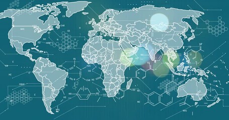 Animation of graphs and chemical formulas over world map and green background - Powered by Adobe