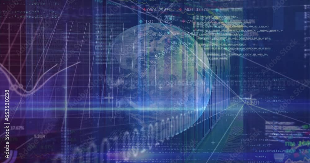 Aufkleber animation of data processing, graphs and connections over globe in blue space