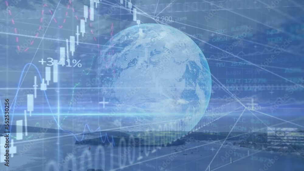 Poster animation of financial graphs and data over globe and landscape