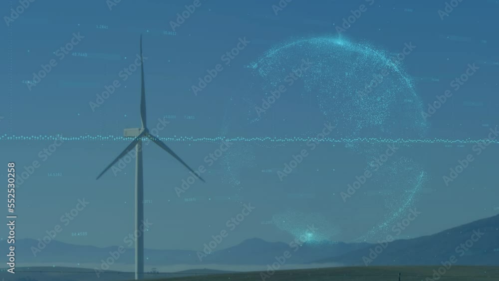 Aufkleber animation of financial graphs and data over globe and wind turbine