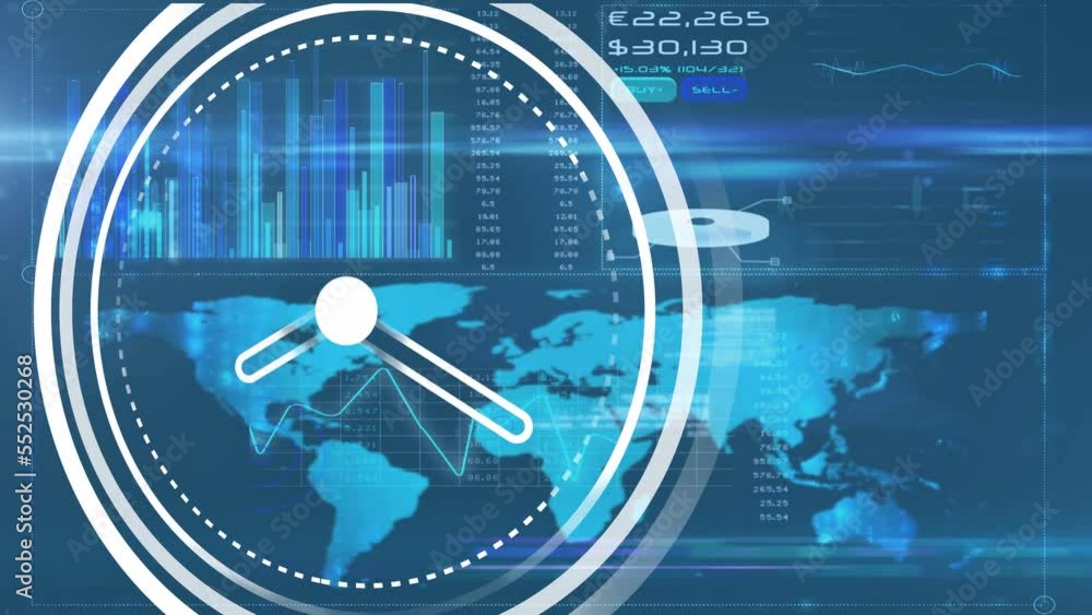 Poster Animation of clock over diverse data with world map on digital screen