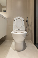 Raised toilet seat and bidet shower with wall mount in interior of modern bathroom