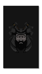 illustration of warrior with samurai helmet, axe and two swords